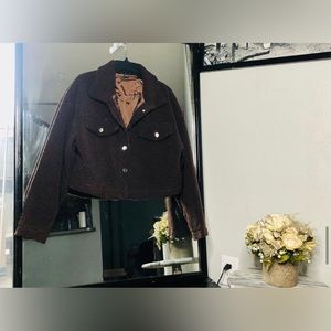 Dark brown fluffy utility crop jacket